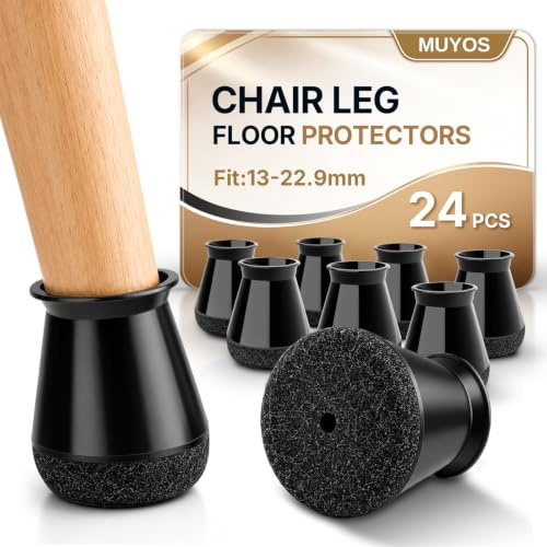 MUYOS 24 Pezzi Gommini per Sedie Rotondi in con Feltro, Neri,Ø 13–22.9 mm | Silicone flessibile con feltro a 360°, per gambe dritte o inclinate; protegge i pavimenti in legno e riduce il rumore