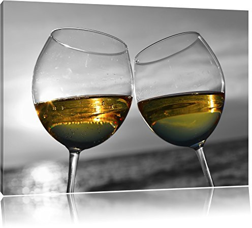 Les verres à vin dans la mer noir / blanc Taille: 120x80 sur toile, XXL énormes Photos complètement encadrées avec civière, impression d'art sur murale avec cadre, moins cher que la peinture ou une peinture à l'huile, pas une affiche ou une bannière,