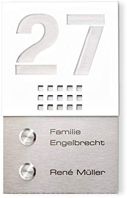 Metzler 2-fach Türklingel - Aufputz-Montage - mit Hausnummer und Familienname - rostfreier Edelstahl - wetterfest & massiv - Mehrfamilien-Haus (Weiß)