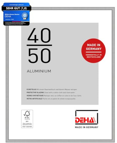 DEHA Design Aluminium Bilderrahmen Boston, 40 x 50 cm, Silber | Aluminium Posterrahmen im Hoch- & Querformat zum Aufhängen Silber matt bruchsicheres Kunstglas