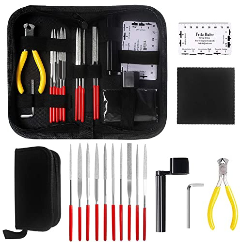 Kulannder 15Pcs Gitarren Reparatur Set - Pflegeset mit Edelstahl Gitarrennadelfeilen, Gitarrensaiten, Inbusschlüssel, Reinigungstuch und tragbarer Tasche für Gitarre, Ukulele, Bass