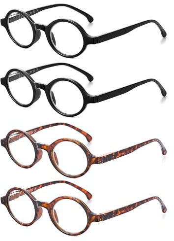 JM Set of 4 Retro Round Reading Glasses Spring Hinge Readers Men Women Glasses for Reading +3.0 Black & Tortoise