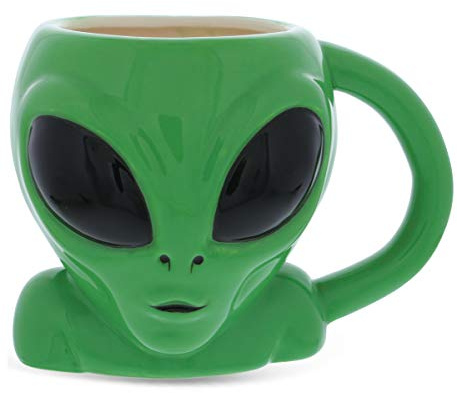 MUGNIV Taza de cerámica con diseño de dibujos animados de alienígena verde: bonitas tazas de café y taza de té, taza de alienígena con forma de OVNI para regalos de amantes del café, 17 onzas.
