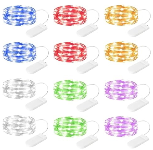 Brightown 12 Pack Multi Color Led Fairy Lights Battery Operated String Lights Waterproof Silver Wire 7 Feet 20 Led Firefly Starry Moon Lights for DIY Wedding Party Bedroom Patio Christmas