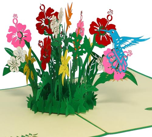 LINPOPUP® Pop-Up Karte Blumen, Geburtstagskarte, Grußkarten Blumen, Klappkarte Geburtstagskarte, Muttertagskarte, Danke, Viel Glück, Gute Besserung, Kollibri, Vogel Blumen, N375