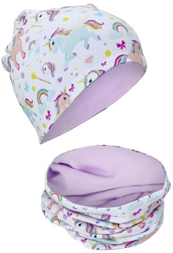 HECKBO Set berretto Beanie unicorno e sciarpa bambini – 95% cotone – reversibile con jersey – mezza stagione primavera autunno inverno (48–54 cm)