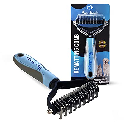 Fur Magic Dematting Comb for Dog & Cat – Pet Deshedding Tool for Removing Loose Undercoat, Knots, Mats – Dog Brush for Grooming – Dual Sided Undercoat Rake