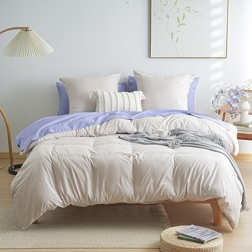 MOHAP Parure de Lit 4 Pièces Housse de Couette 220x240cm + Drap Housse 140x190/200cm avec 2 taies d'oreillers 65x65cm Beige pour 2 Personnes Parure 100 Fils/cm² en Microfibre