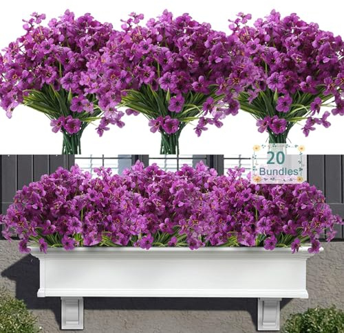 Satefello 20 Bundles Artificial Flowers for Outdoors, UV Resistant Fake Realistic Flowers with Plastic Plants Spring Decor, Faux Silk Flowers for Outside Window Box Front Porch Planter Decor-Purple