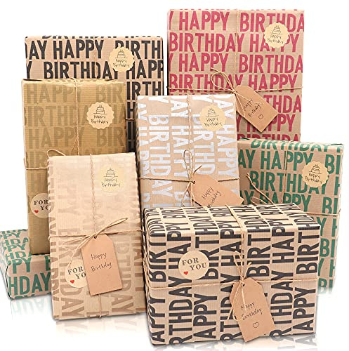 MAMUNU Geschenkpapier Geburtstag, 6 Blatt 70×50CM Vintage Geschenkpapier gefaltetes Kraftpapier mit Anhängern, Aufklebern und Papierseilen für Kinders Geburtstag Feier Party Weihnachten Anlässe