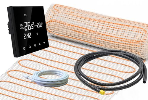 Extra starke elektrische Fußbodenheizung UltraPro für Fliesen 200 W/m² Komplett-Set mit Thermostat RT-50 schwarz (1,5 m² - 0,5 x 3 m)