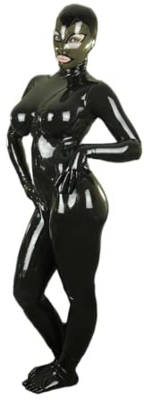 Sexy Black Women's Latex Rubber Full Body Zentai Catsuit Fetish 3D Breast with Hood Gloves Socks,Yellow,XL