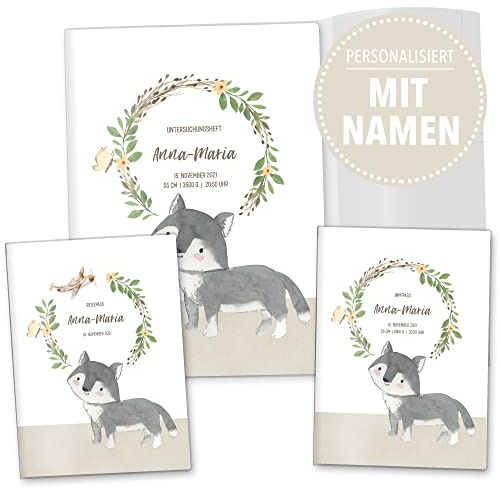 OLGS U-Hefthülle Komplett-Set 3-teilig personalisierbar Impfpasshülle & Reisepasshülle | Organizer für Untersuchungsheft, Impfpass, Reiseunterlagen für Babys und Kinder (Personalisiert, Wolf)