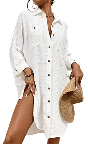 Bsubseach Bouton Vers Le Bas Chemise Blanche Femme Couverture Robes Chic Et Elegant Robe de Plage Swiss Dot Blanc