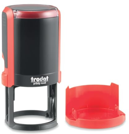 Trodat - Printy 4645 – runder Custom Stempel mit Wunschtext personalisieren, hier gleich online gestalten Gehäusefarbe rot – Adresstempel - Firmenstempel - mit Wunschtext – 45 mm -