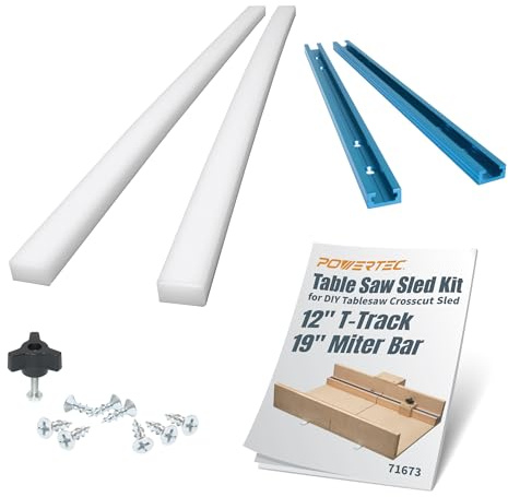 POWERTEC 71673 Kit de trineo de sierra de mesa con pistas en T, barras de inglete, perilla, perno y juego de tornillos