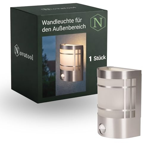 Novatool Wandleuchte I mit Bewegungsmelder I Edelstahl IP44 I E27 Sockel I 11,5x13,5x19 cm I Außenlampe Außenleuchte Garten Wandlampe Wandstrahler Außen Außenbeleuchtung Lampe Außenbereich