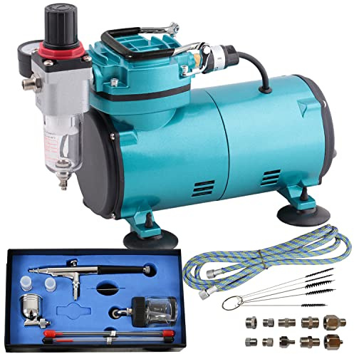 Airbrush COMPACT BASIS set med supertyst Airbrush-kompressor, airbrush-set med professionell dubbelverkande Airbrush-pistol inklusive 3 munstycken, nålar, tryckluftsslang
