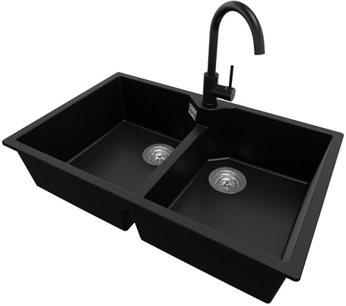 PRIMAGRAN Fregadero Granito al Mueble 80cm + Grifo, 78x50cm | Set: Grifo BW5010 + Kit de desagüe (sifón, válvula, rebosadero) + Madrid Twin 2 Senos para Cocina, Negro
