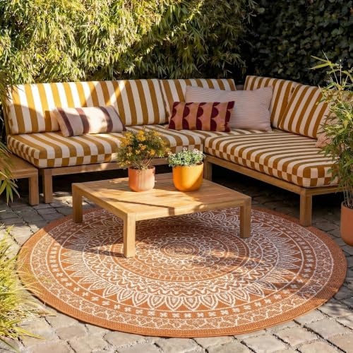In- & Outdoor Teppich Rund - Summer Azteca Terracotta - Ø 160 cm | Wetterfest - Synthetik, Polypropylen - Balkon, Garten / Terrasse - Terrasse teppich - Outdoor rug
