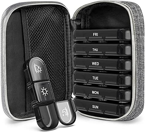 LICHENGTAI Tablettenbox 7 Tage Morgens Mittags Abends, Pillendose 7 Tage 3 Fächer Medikamentenbox Medikamentendosierer Wochenbox mit PU Leder Tasche, Schutz der Privatsphäre