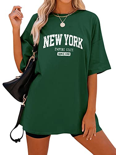 Dresswel överdimensionerad t-shirt damer New York bokstavstryck vintage t-shirt kortärmad rund hals sommar toppar lös blus lång tunika topp för tonåringar flickor, 2-grön, XXL
