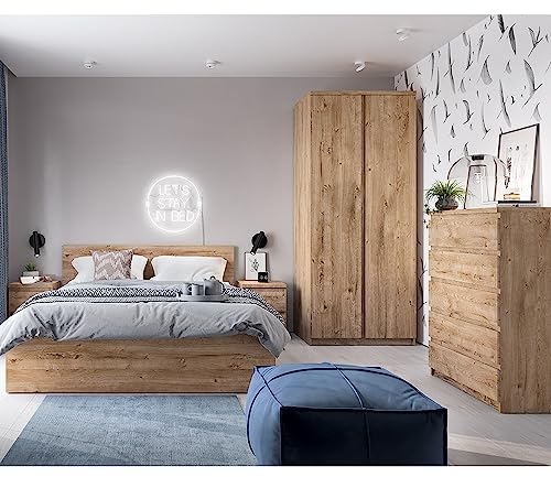 Lomadox Schlafzimmer Set Bettanlage, Eiche Nb., 5-teilig, mit Bett 140x200, aufklappbarer Bettkasten, 1 Kleiderschrank, 1 Kommode, 2 Nachttische