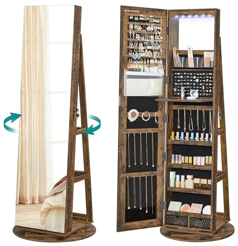 SONGMICS Armoire à Bijoux avec Miroir sur Pieds, Verrouillable, avec 6 LED, Rangement Bijoux Pivotant 360°, Miroir Psyché sans Cadre, 3 Étagères, Surface en Marron Rustique, Doublure en Noir JJC007X01