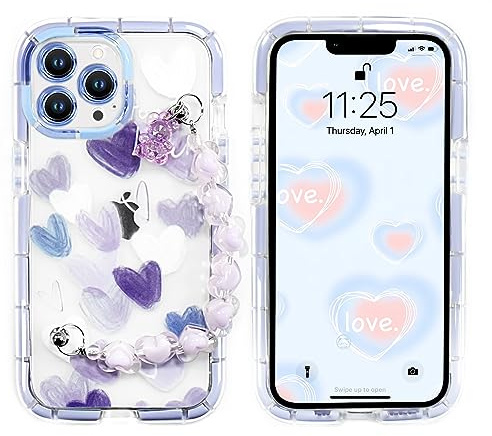 YEPO For iPhone 13 Pro Case Cute Wrist Strap Women, Purple Heart Design Soft TPU Shockproof Protective Clear Phone Cases for iPhone 13 Pro Girls Lady