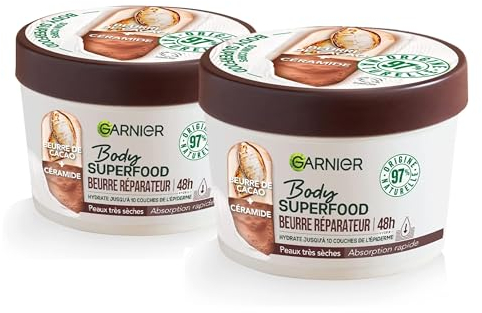 GARNIER Body Superfood – reparierende Butter – Körpercreme mit Feuchtigkeit 48 Stunden – Kakaobutter & Keramik – 97% natürlicher Ursprung – Vegan & Cruelty Free – trockene Haut – 380 ml – 2 Stück