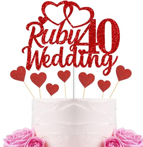Gidobo 40th Wedding Anniversary Cake Toppers with Heart Cupcake Toppers, Glittery Ruby Weddding Anniversary Heart Cake Decoration for Celebration Party Supplies