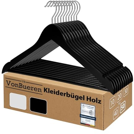 VonBueren 50x Kleiderbügel Holz schwarz, Holzkleiderbügel, Holzbügel, Bügel | Holzkleiderbügel, Bügel mit 360° drehbarem Haken, Hangers Clothes für Hemden, Jacken, Hosen, Anzüge und Garderobe