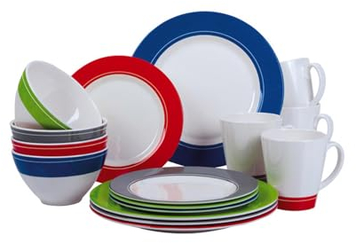 Camp4 Vajilla de melamina de 16 piezas para 4 personas – Platos, platos de postre, cuenco y tazas con asa
