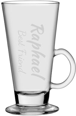 LUXENTU Glühweintasse mit personalisierter Gravur, Latte Macchiato Tasse 265 ml, Glastasse in V-Form mit Henkel, Individuelle Lasergravur, Wichtel-Geschenk, 1 Stück