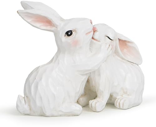 Hodao Easter Bunny Figurine Spring Decor for Home, White Rabbit Couple Statue for Shelf Tabletop Tiered Tray Mantel, Romantic Family Love Easter Decor, Farmhouse Bunny Decoration