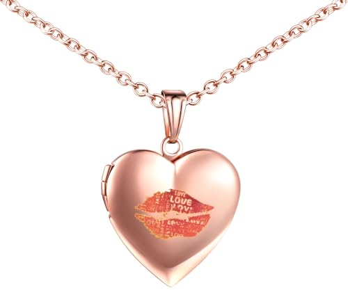 MICMIF Ein Kuss der Liebe Halskette Herz Medaillon mit Rote Lippen Muster Edelstahl Foto Medaillon zum öffnen Bilder Herz Anhänger Damen Kette 50cm Geschenk für Freundin Frau Mutter
