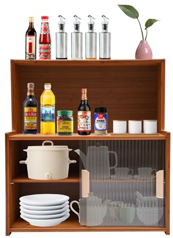 gegeweeret Sideboard KüChenschrank Bambus Mit 4-Tier-Designm,GlasschiebetüR,Staubdicht,FüR Schreibwaren, Tassen, Kleine GegenstäNde,KüChenutensilien,Dunkelbraun