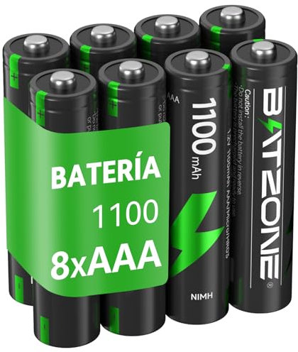 BATZONE 8 x AAA Pilas Recargables, Pila AAA Ni-MH 1100mAh de Alta Capacidad, Pila Ni-MH 1200 Tech, Baja Autodescarga 1,2V AAA, con Caja de Protección de Pila