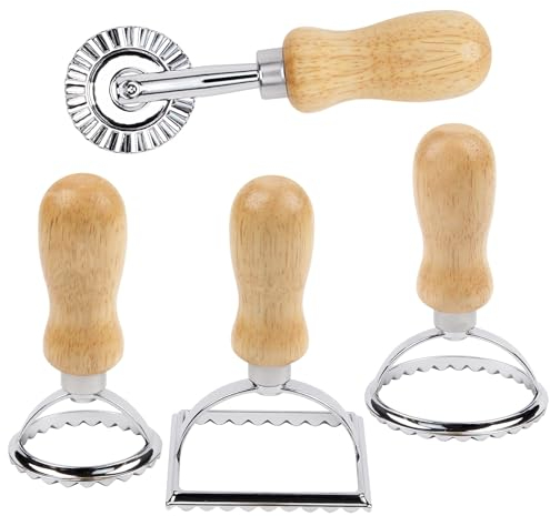 4 PCS Ravioli Stamp Maker Cutter, Square Round Ravioli Cutter, Pasta Cutter Wheel with Wooden Handle & Fluted Edge, Pasta Press Tools for Kitchen for Making Ravioli, Empanadillas or Cookies