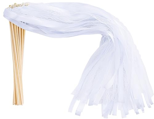 Werownsgso Paket von 50 Stöcken mit Glöckchen und Hochzeitsbändern, Zauberstäbe Streamer, Hochzeit Streamer, Seide Fee Sticks, Ribbon Feenstabs für Hochzeitsdekoration, Geburtstagsfeiern (Milch Weiß)