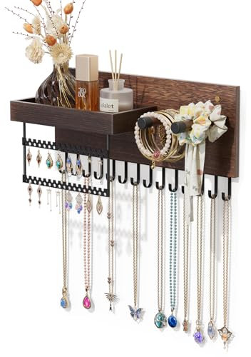 Lolalet Porta Gioielli da Appendere in Legno, Porta Collane Orecchini Braccialetti da Parete, Facile da Installare -Naturale