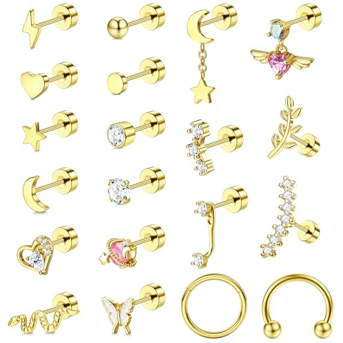 JeweBella Helix Piercings Gold Silber Piercing Ohr Chirurgenstahl für Damen Herz Stern Mond Schmetterling Schlange Knorpel Ohrringe Flatback Daith Conch Tragus Piercing