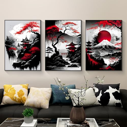 IUNTWEIE Poster di Paesaggio Giapponese, Tempio Giapponese in Autunno in Nero/Bianco Stampa D'Arte Murale Decorazione per Parete per Soggiorno, Senza Cornice (A, 50x70cm*3)