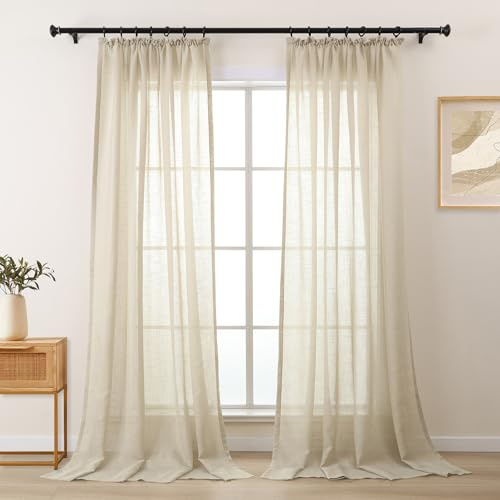 L.Z.E Vorhänge Beige mit Kräuselband, Vorhang für Schiene, 2er Set Transparent Leinenoptik Gardinen für Schlafzimmer & Kinderzimmer, 130 x 225 cm Lang, Gardine für Schienensystem, Gardinenschal Weich
