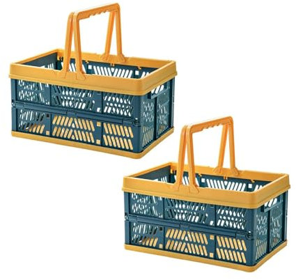 2 cesti pieghevoli, pieghevoli con manico, in plastica, portatili, per la spesa, per la casa, picnic, supermercati (blu)