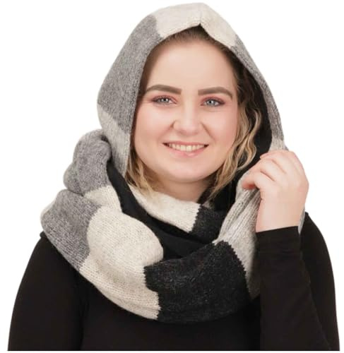 Damen Kapuzenschal Loop Schal Hoodie Schalmütze Poncho aus Wolle gestrickt