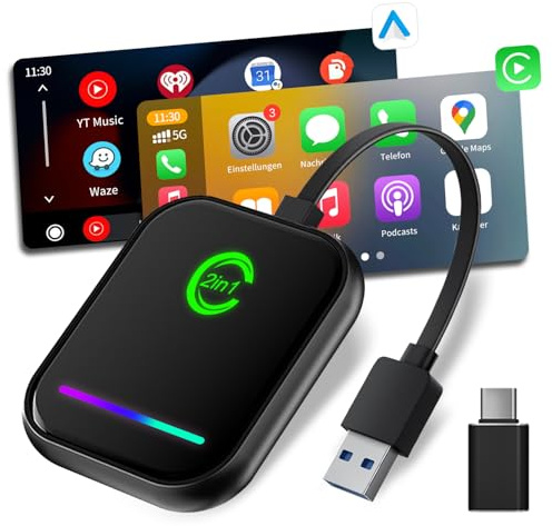 VANBAR Android Auto Wireless Adapter, 2-in-1 Autoradio Apple Carplay Wireless Adapter Dongle für ios, USB-A und USB-C Plug und Play Car Connect, geeignet für Autos mit AA und Carplay