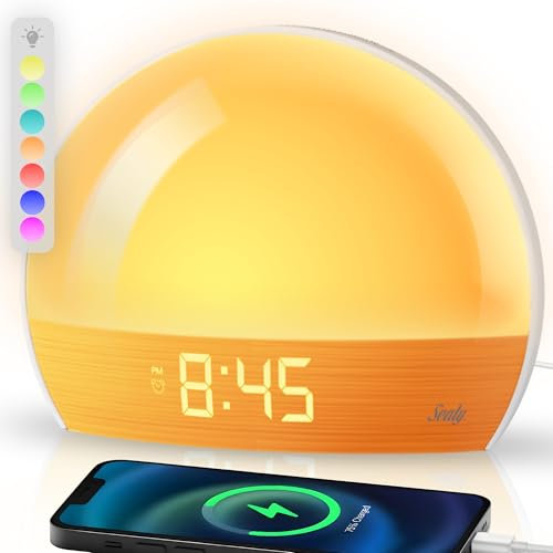 Sealy Sonnenaufgangswecker, Aufwachlicht mit Temperatur, 7 mehrfarbige LED-Stimmungslichter, USB-Ladeanschluss für mobile Geräte, 3 Helligkeitsstufen, Tippen zum Schlummern, Touch-Steuerung mit