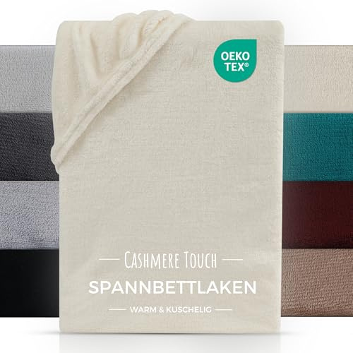CARPE SONNO Cashmere Touch Spannbettlaken 180x200cm Winter - Kuschelige Spannbetttücher - Plüsch Bettlaken 180x200 - Warmes Spannleintuch 180x200 - Natur Beige