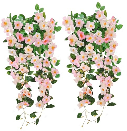 OrgMemory 2 Stück Kunstblumen Hängend, Hängepflanze Künstlich, Künstliche Hängepflanzen, Seidenblumen Wie Echt, Kunstblumen für Outdoor Terrassen Balkon Blumenampel Hochzeit Garten Dekoration